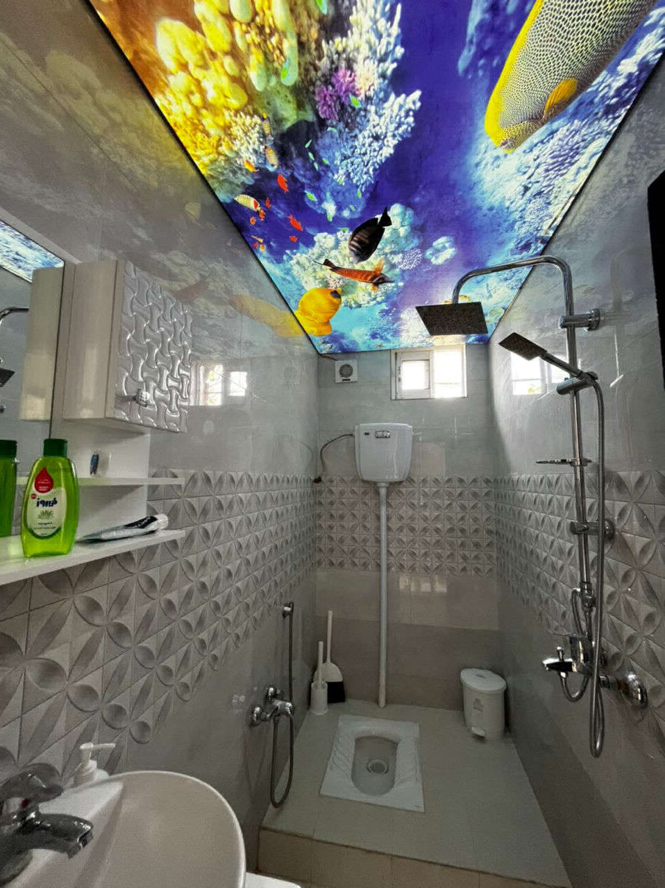 تصویر یک ویلای نما مدرن و محوطه سازی شده با موزاییک و چمن مصنوعی