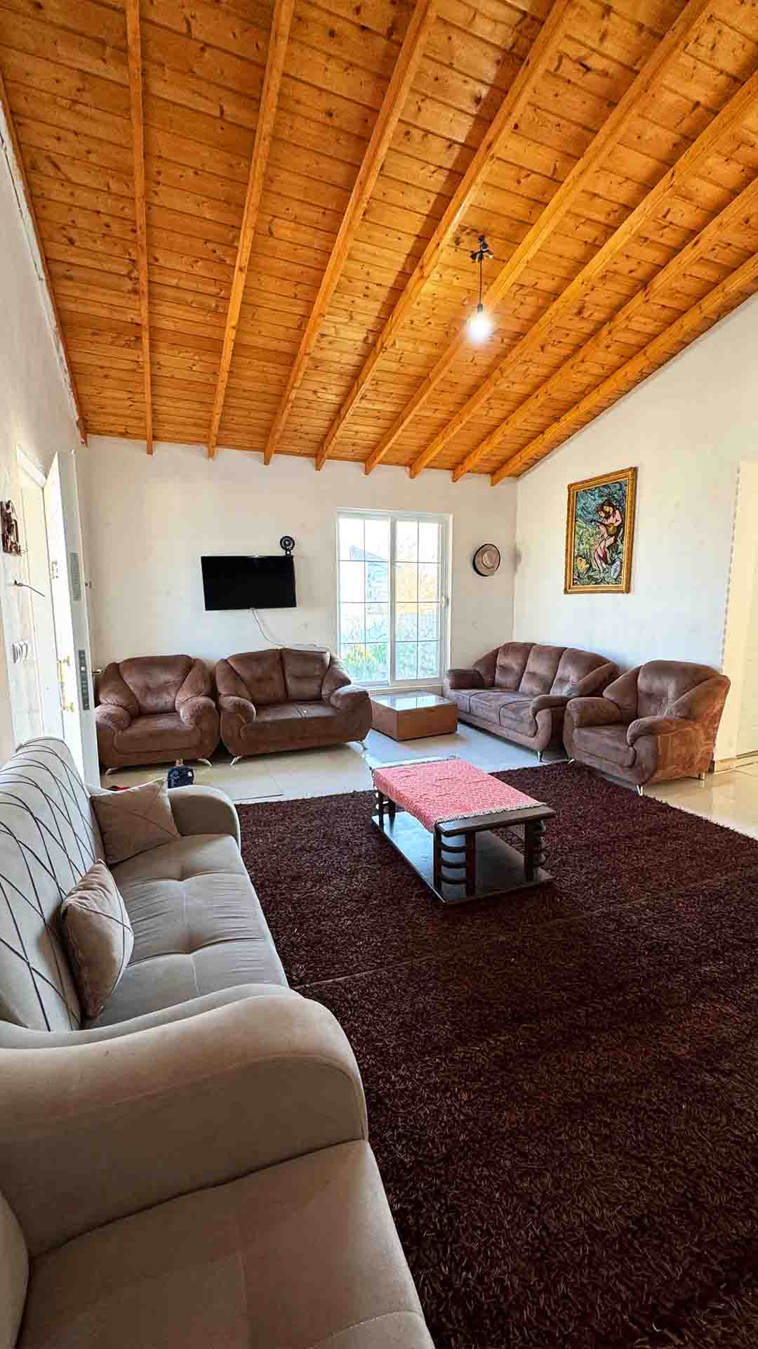 تصویر یک ویلای فلت روستایی که محوطه سازی شده و از چمن مصنوعی استفاده شده