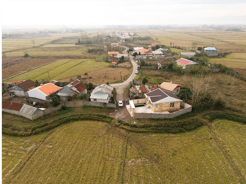 تصویر یک ویلای نما کلاسیک و محوطه سازی شده با موزاییک و چمن مصنوعی