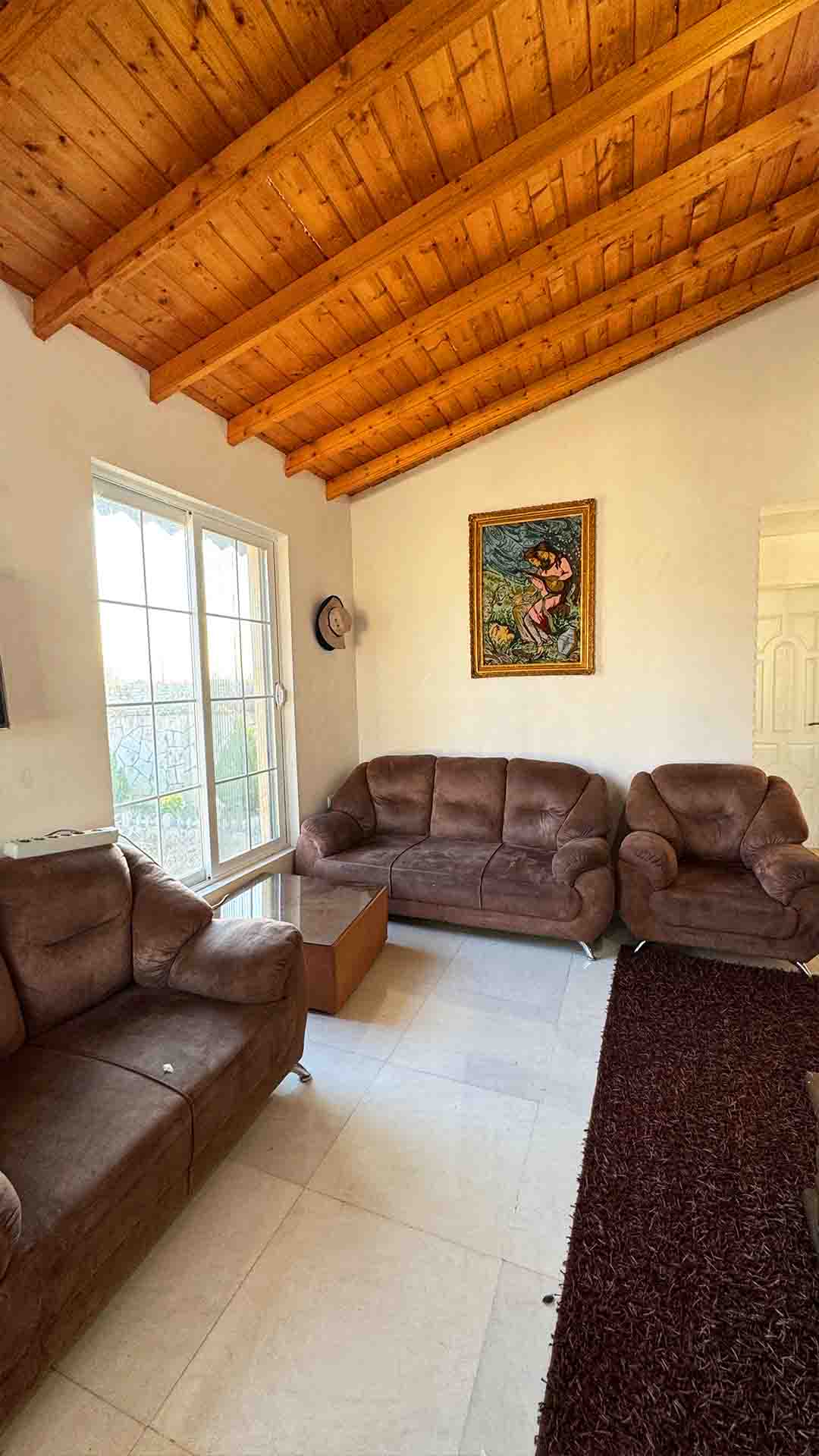 تصویر یک ویلای فلت روستایی که محوطه سازی شده و از چمن مصنوعی استفاده شده